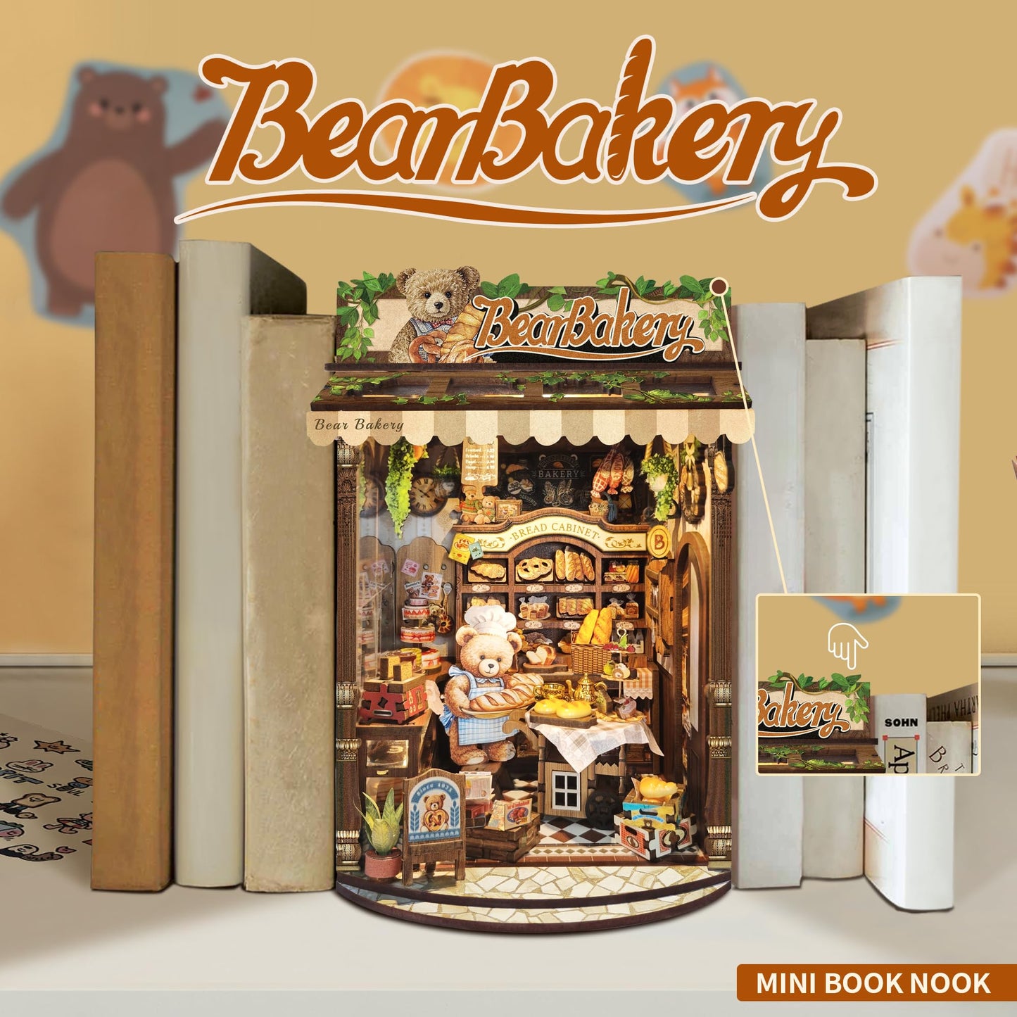 STRUCWOOD DIY Book Nook Kit,Miniature Dollhouse kit Store,3D Puzzle Tiny House Mini Bookend for Bookshelf Decor,Gifts for Adults and Teens- Bear Bakery(SQ-65)