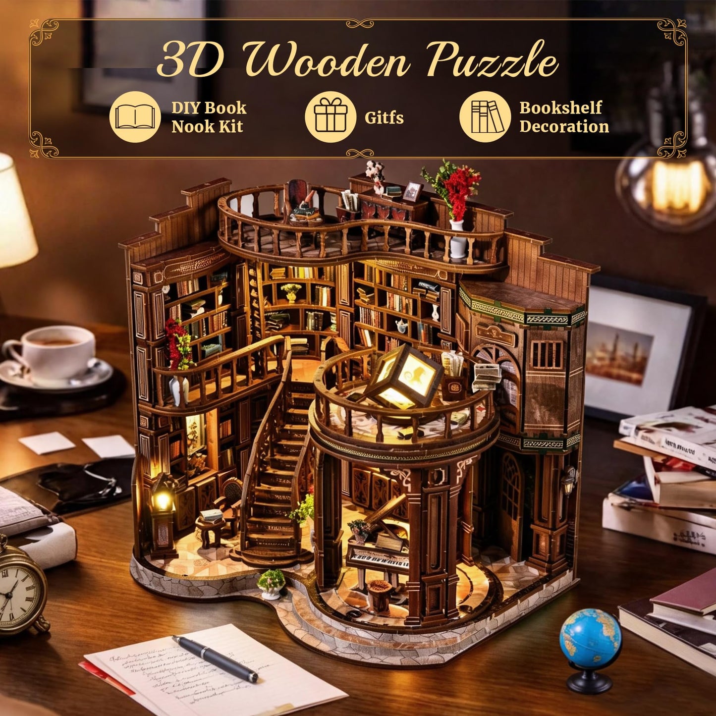 SUNNINO Book Nook Kits for Adults, DIY Miniature Dollhouse Kit 3D Wooden Puzzles for Adults and Beginners with Led Light, Book Nook Bookshelf Decor Craft Gifts for Family Friends (Dreamy Book Hall)
