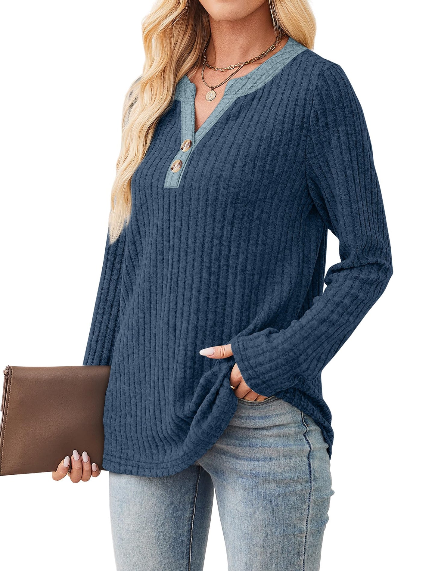 SAMPEEL Womens Sweaters Lightweight Long Sleeve Shirts V Neck Tops with Button Fall Outfits 2025
