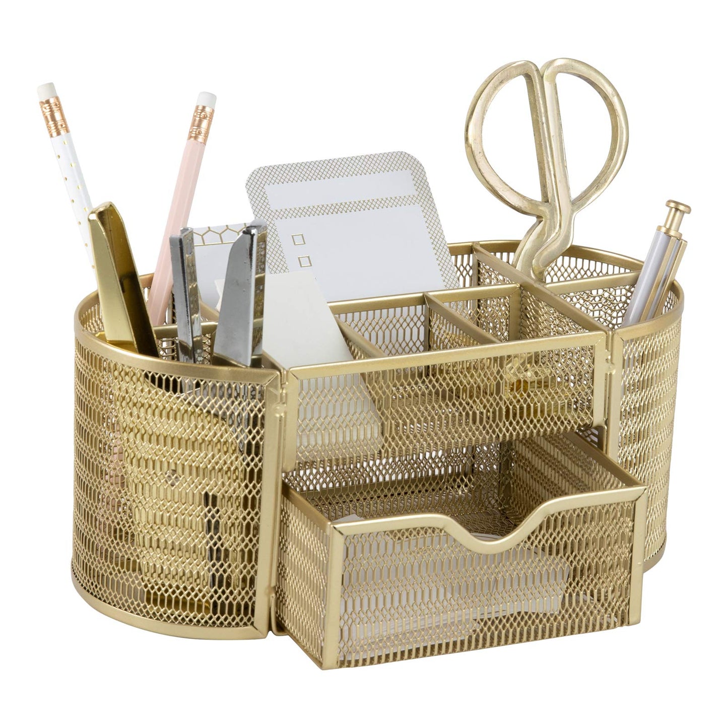 BLU MONACO | Gold Desk Organizer Set with Drawer | Metal Mesh Desk Accessories for Women | Stylish Desktop Organizer for Office Storage, Supplies & Small Stationery