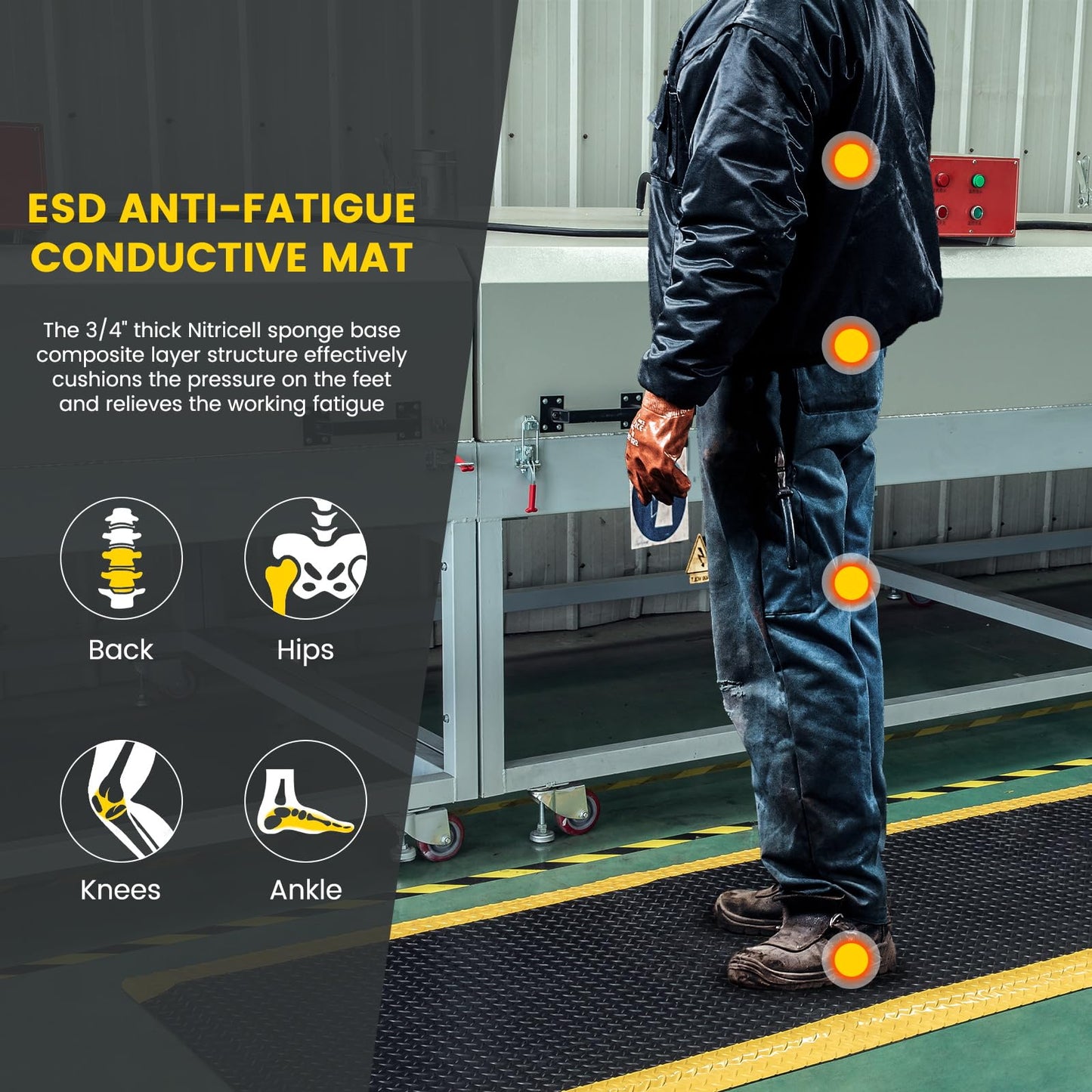 3' x 12' ESD Anti-Fatigue Conductive Mat, Durable Heavy Duty Diamond Plate, Soft Sponge Ergonomic Mat, Non Slip Waterproof Floor Mats for Commercial&Industrial Work Thick 3/4” Black with Yellow Border