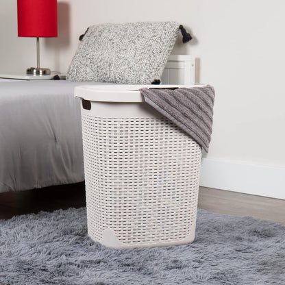 Mind Reader 50L Slim Laundry Hamper, Set of 2, Clothes Basket, Lid, Wicker Design, Plastic, 17.65"L x 13.75"W x 21"H, Ivory