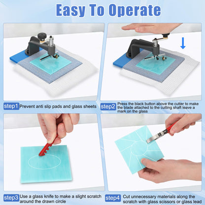 Glass Circle Cutter Kit for Stained Glass, Mosaic, DIY Crafts – Adjustable 0.39–3.93" Lens Circle Cutter with Non-Slip Mat, Gloves, Glass Cutter, Pliers, Hammer, & 1 pc Stained Glass (Random Color)