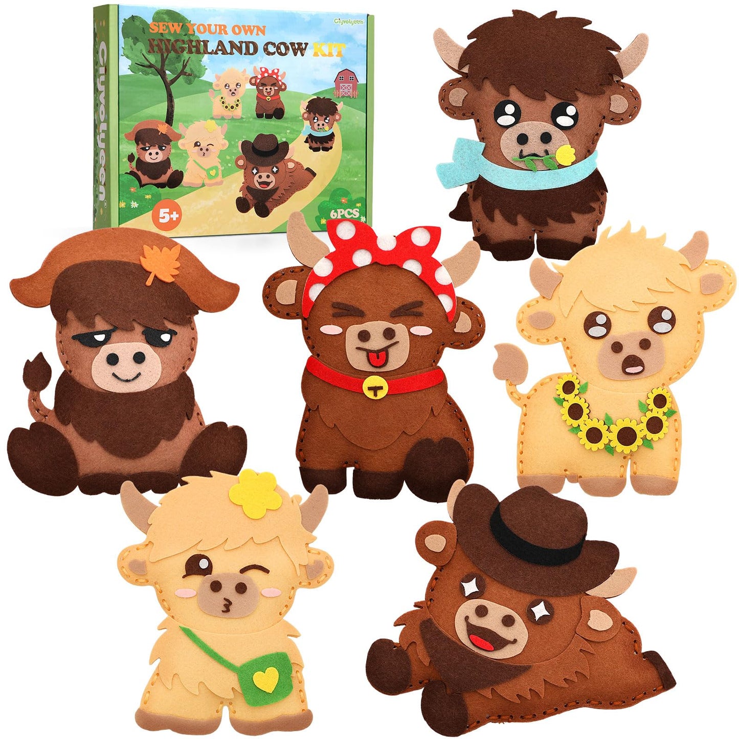 CiyvoLyeen Highland Cow Sewing Kit for Kids - Age 5 6 7 8 9 10 11 12, Beginners First Sewing Arts & Crafts with 6 PCS Stuffed Animal, All-in-One Kit, Learn to Sew Gifts Stuff for Girls Boys, Felt
