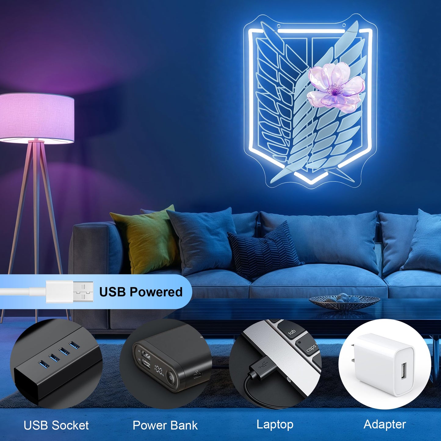 Anime Neon Sign for Wall Art Decor - Wings and Freedom Acrylic USB Powered LED Wall Light, White Glow with Dimmer, for Bedroom Game Room Party Decor Man Cave Home Office 13.78" × 10.51"