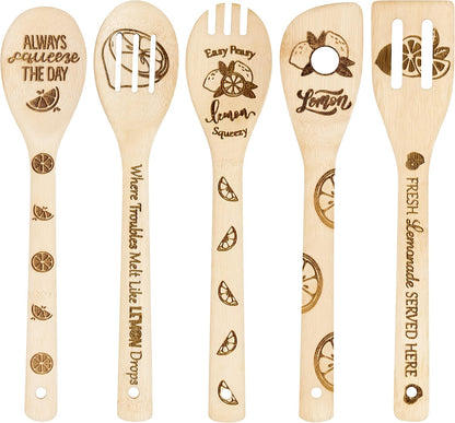 5Pcs Lemon Wooden Cooking Spoons Set - Summer Lemon Theme Kitchen Utensils, Natural Non-Stick Carve Burned Bamboo Spoon