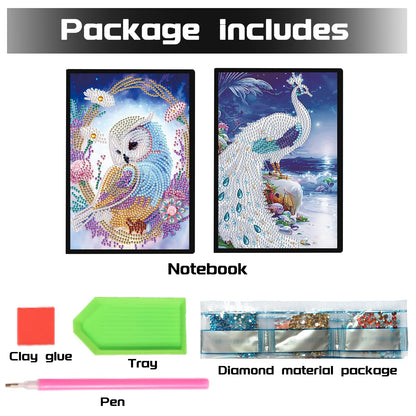 DCIDBEI 2 Pack 5D Diamond Painting Notebooks A5 Blank Owl Peacock Diamond Art Painting Crystal Cross Stitch Special Shaped Arts and Crafts Journal Diamond Kits Writing Sketchbook Journal Diary Books