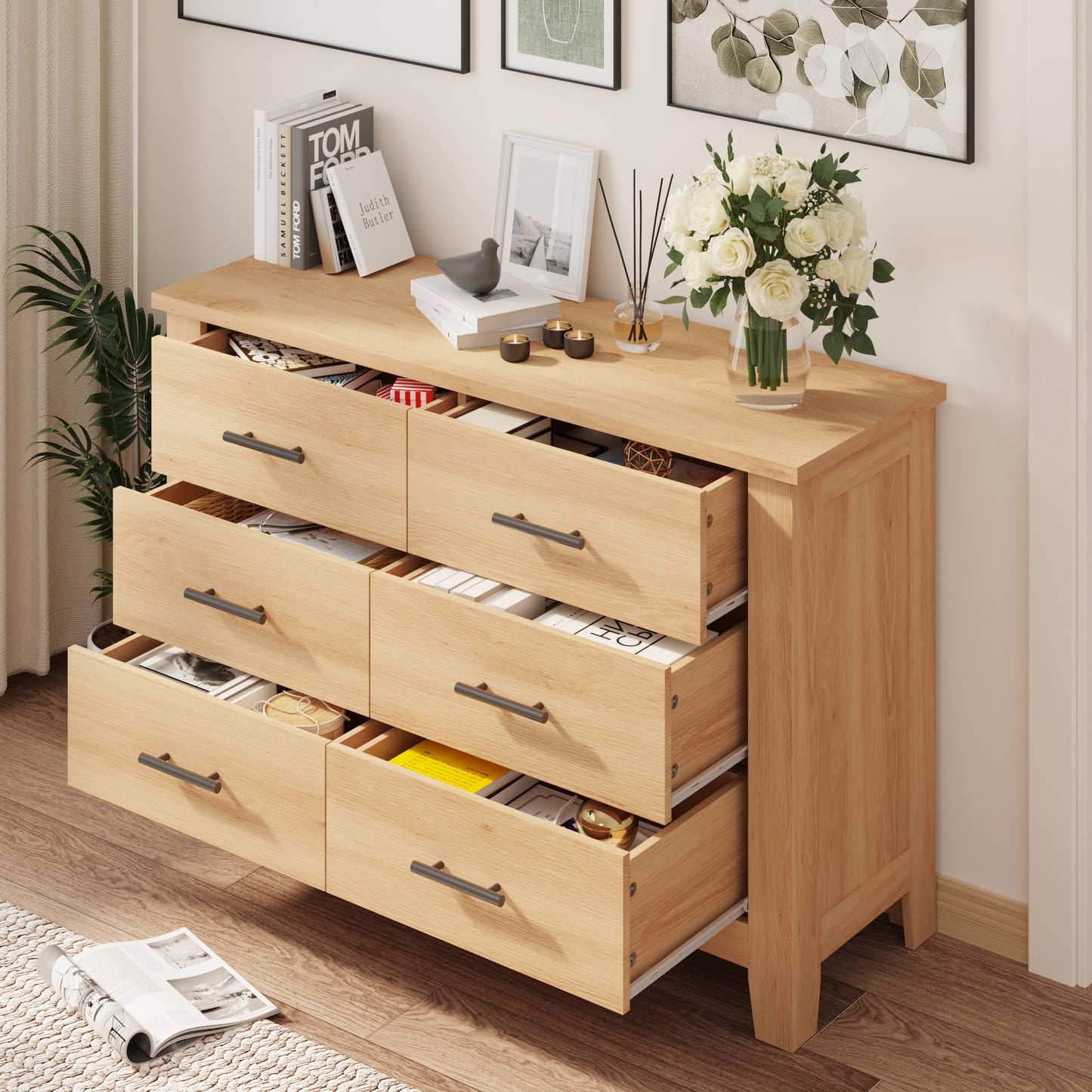 Garvee 6 Drawer Dresser for Bedroom, 47" Wide Natural Oak Chest of Drawers with Large Capacity Drawers & Sturdy Thickened Legs, Wooden Storage Organizer Closet for Living Room, Entryway, Natural