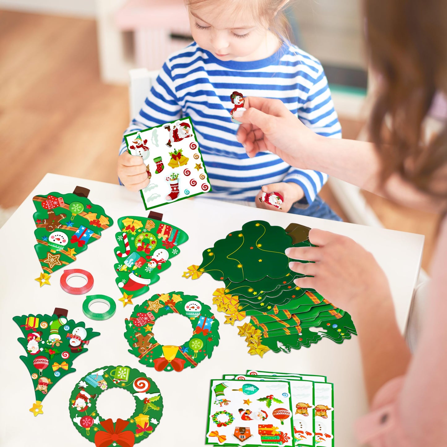 80UncleKimby 60pcs Christmas Crafts for Kids - DIY Xmas Tree Wreath Ornaments with Sticker Kits - Set for Holiday Decorations, Party Favors, and Classroom Activities