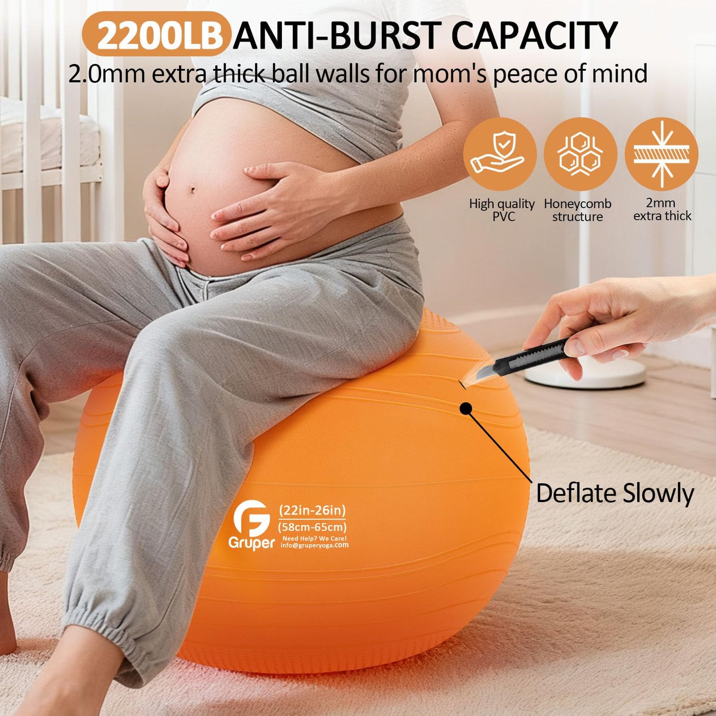 Gruper Yoga Ball, Multiple Sizes Non Slip Exercise Ball for Workout, Birthing, Balance, Stability, Pregnancy, 2200LB Capacity, Anti Burst Chair for Home and Office, Includes Quick Pump & Fitness Guide