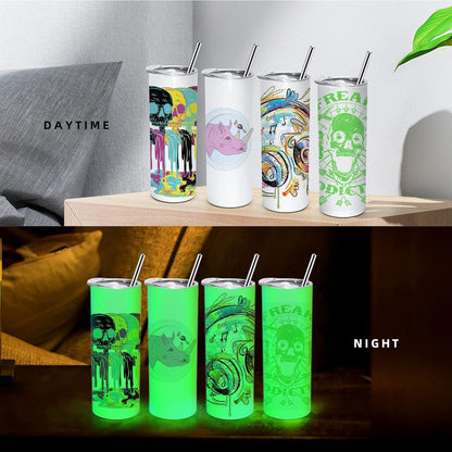 AGH 20 oz Sublimation Tumblers Glow In The Dark, 4PCS Luminous Skinny Straight Tumbler Blank, Glow From White To Green, With Stainless Straw & Splash-Proof Lid & Coaster