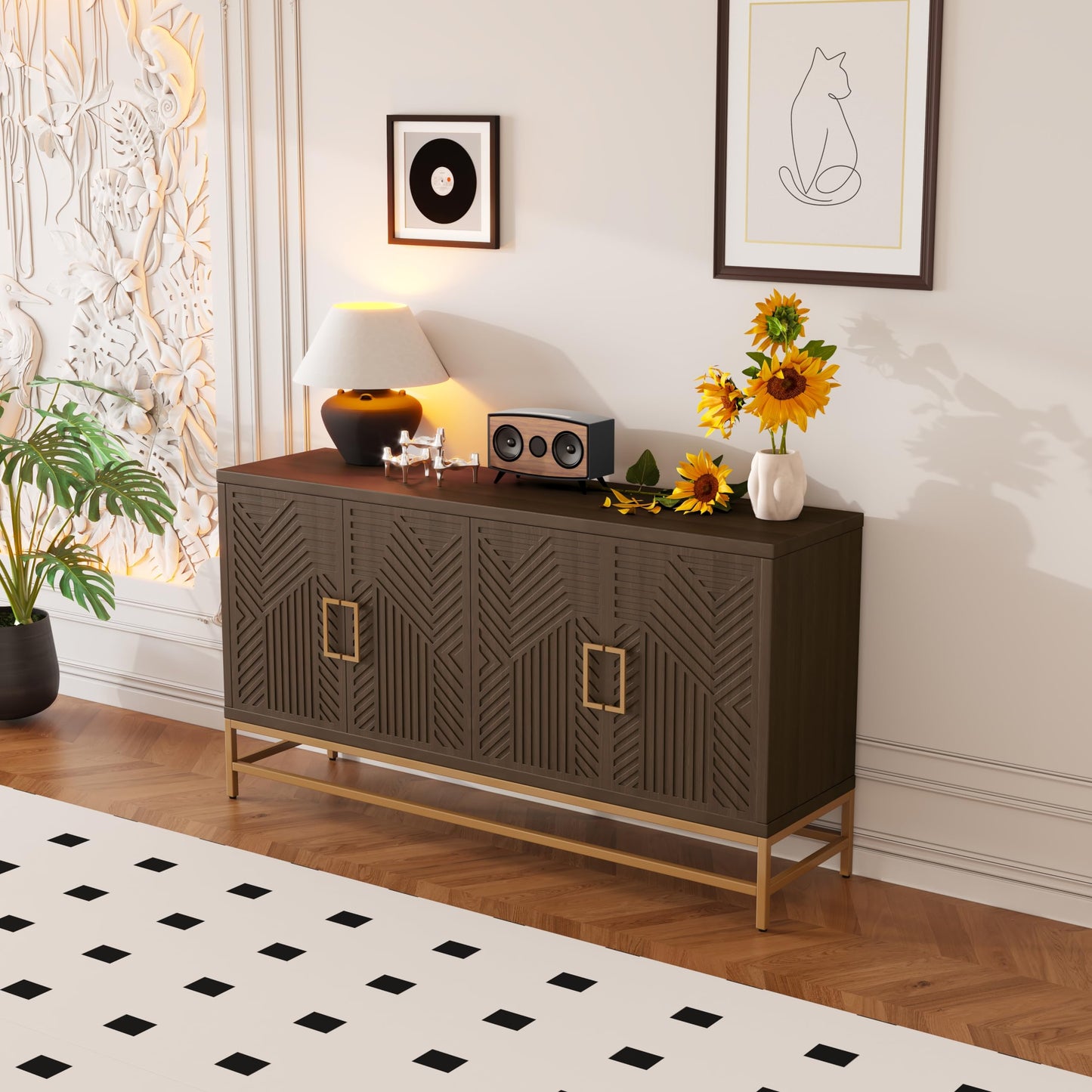 GDFStudio 60" Modern Sideboard Buffet Storage Cabinet with 4 Doors & Adjustable Shelves, Retro Coffee Bar with Metal Handles & Legs, Kitchen Cupboard Organizer for Dining Room Living Room, Espresso