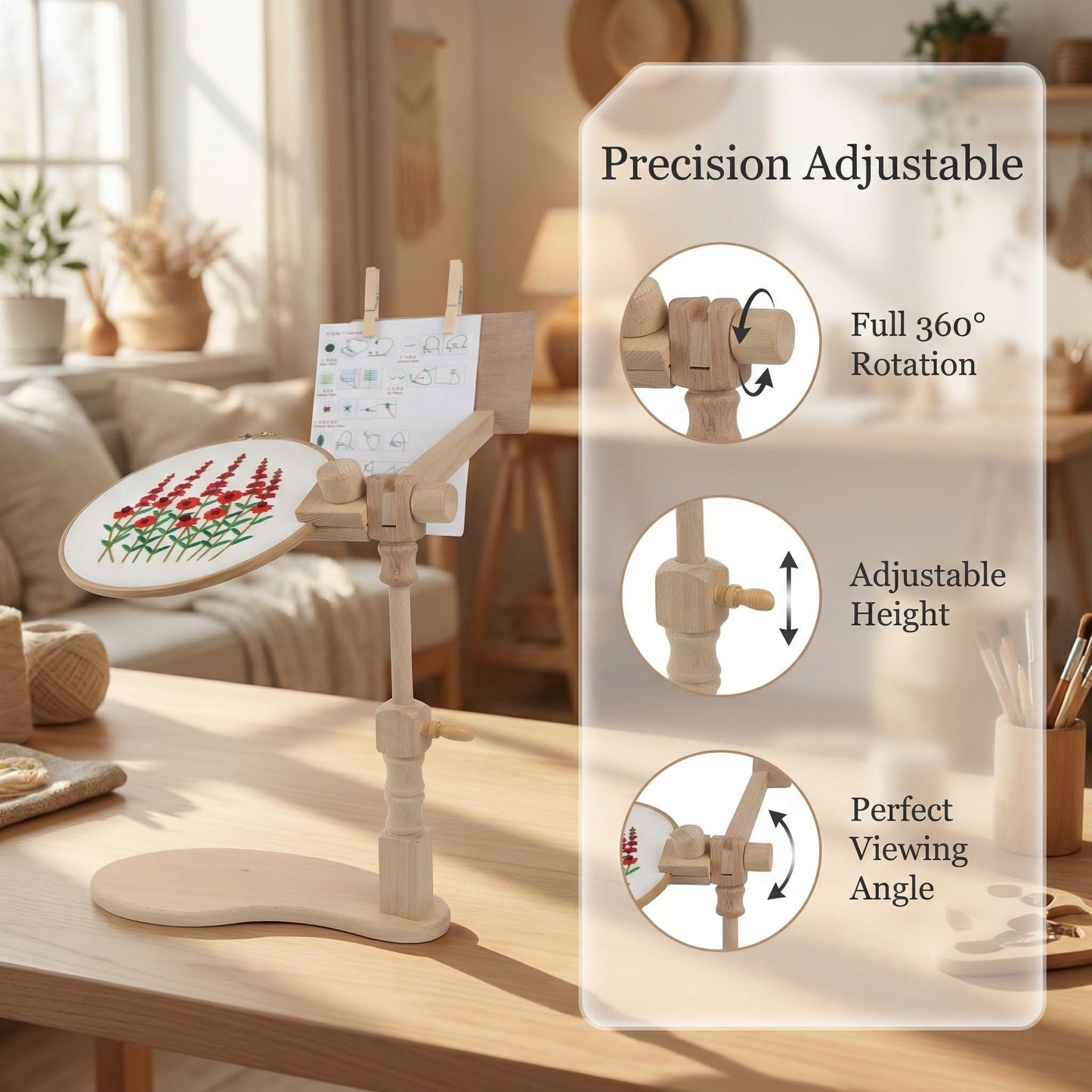 Beech Wood Embroidery Hoop Stand, Adjustable 360° Rotate Cross Stitch Needlepoint Stand Wooden Sitting Embroidery Hoop Frame