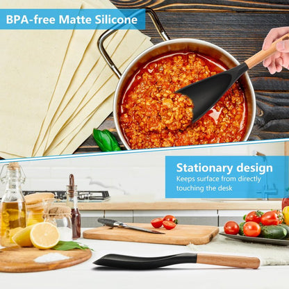 【2 Pack】Silicone Cooking Spoon for Nonstick Cookware - Wooden Handle Kitchen Spoon for Mixing, Flipping, Scraping & Serving - Heat-Resistant Spatula for Baking, Stirring (11.4'' Black 2-Pcs)