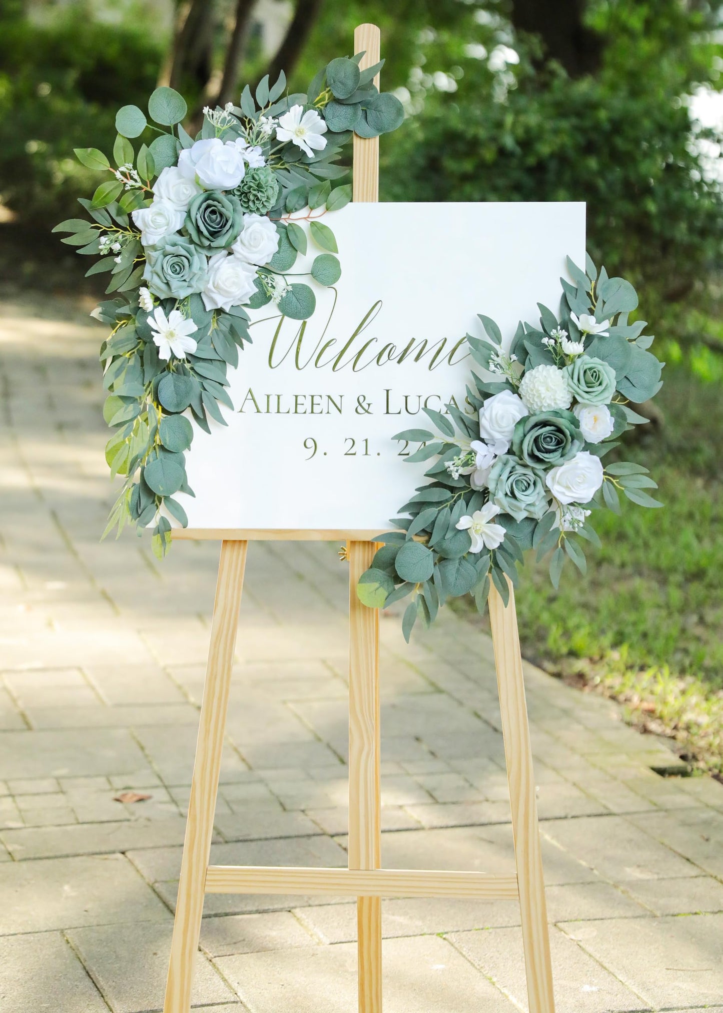 Udoula Artificial Sage Green Wedding Arch Flowers Swags Set of 2 for Welcome Signs, Reception and Ceremony Decorations - White Floral Decor
