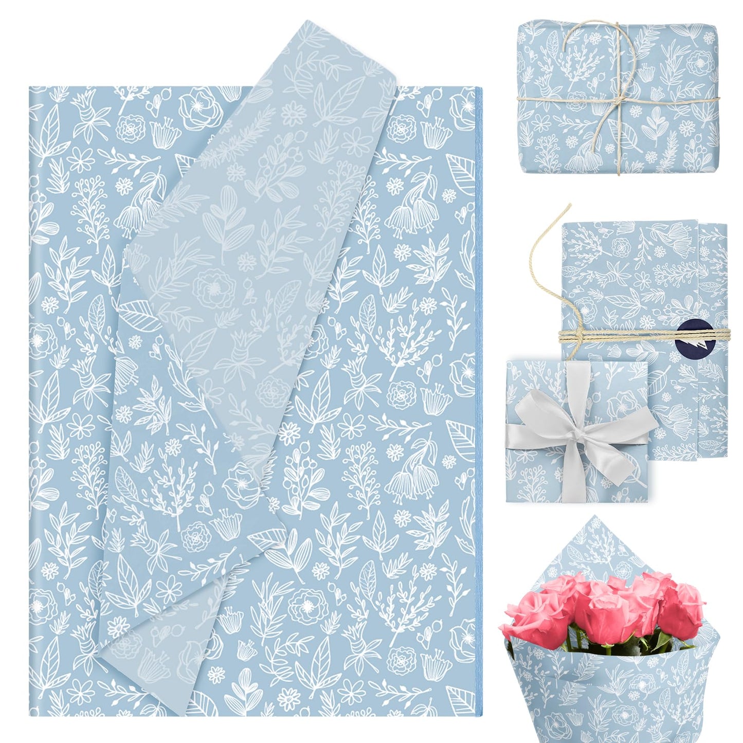 Generic 100 Sheets Dusty Blue Wildflower Tissue Paper Floral Gift Decorative Wrapping Paper Botanical Flower DIY Art Craft Tissue for Packaging Spring Wedding Birthday, 13.7 x 19.6 in