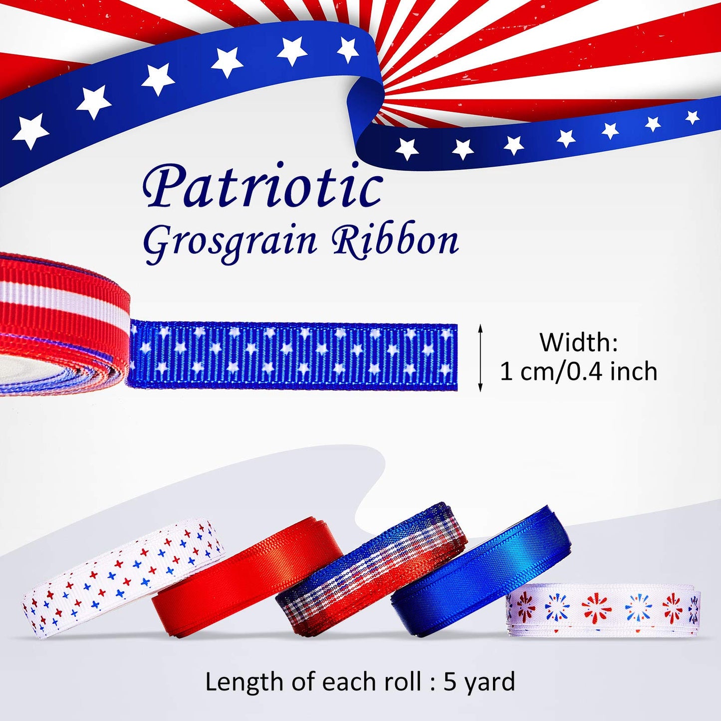 12 Rolls 60 Yards 4th of July Ribbons Red White Blue Grosgrain Ribbon Patriotic Stain Flag Ribbons for 250th Anniversary Patriotic Independence Day DIY Wrapping Craft Decoration Hair Bow Wreath