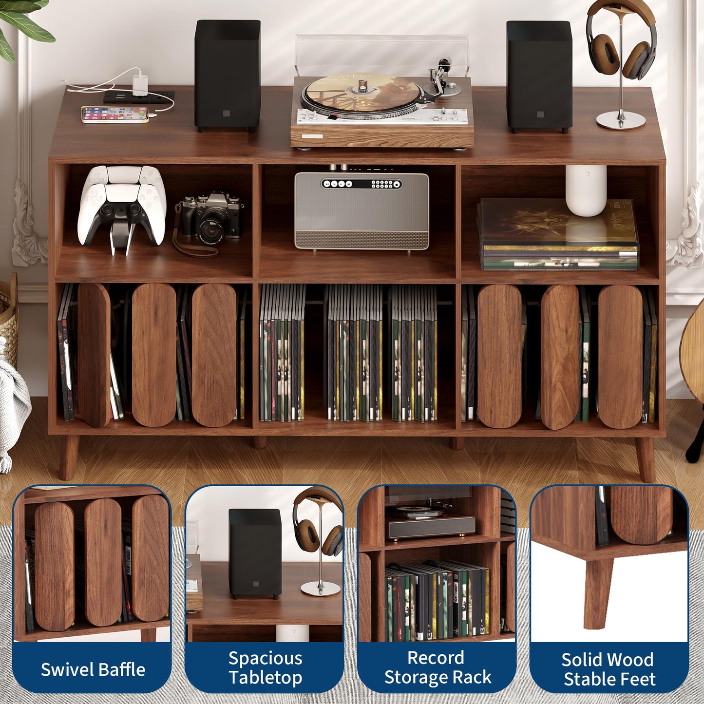 SLEKVERSA 55'' Vinyl Record Player Stand with Charging Station - Mid Century Modern Record Storage Cabinet w/6 Compartments, 2 USB Ports & Outlets - Turntable Table for Living Room