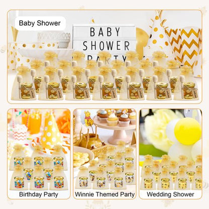 BGraceyy 144Pcs 1.5 oz Mini Hexagon Glass Honey Jars with Dippers, Gold Lids, Bee Stickers, Bee Charms, Gift Bags & Jute–Empty Small Honey Jars for Party Favors Bulk, Ideal for Baby Showers ＆ Weddings