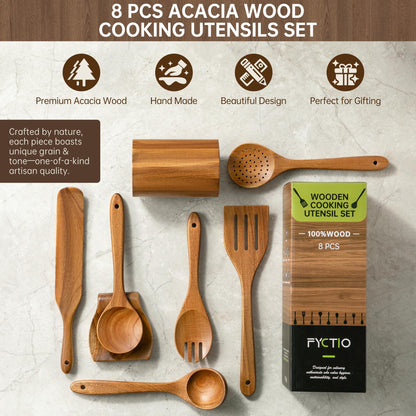 FYCTIO Wooden Utensil Set 8 PCS - Natural Non-Toxic Acacia Wooden Spoons for Cooking, Nonstick, Sturdy,Easy to Clean, Wood Kitchen Utensils Set with Holder, Spoon Rest, Ideal for Gifting