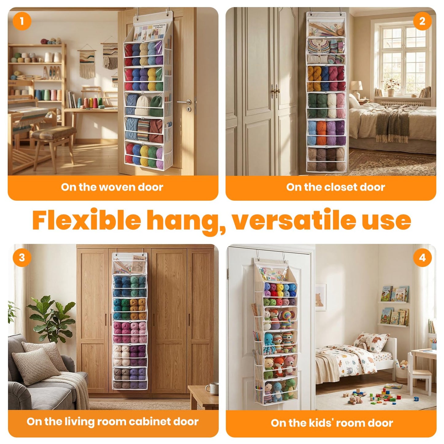LASTORA Heavy-Duty Oxford Hanging Yarn Storage Organizer with 6 Tiers, Odorless Over the Door Yarn Holder for Crochet and Knitting Lovers, 5 Large Pockets + 1 Tool Section
