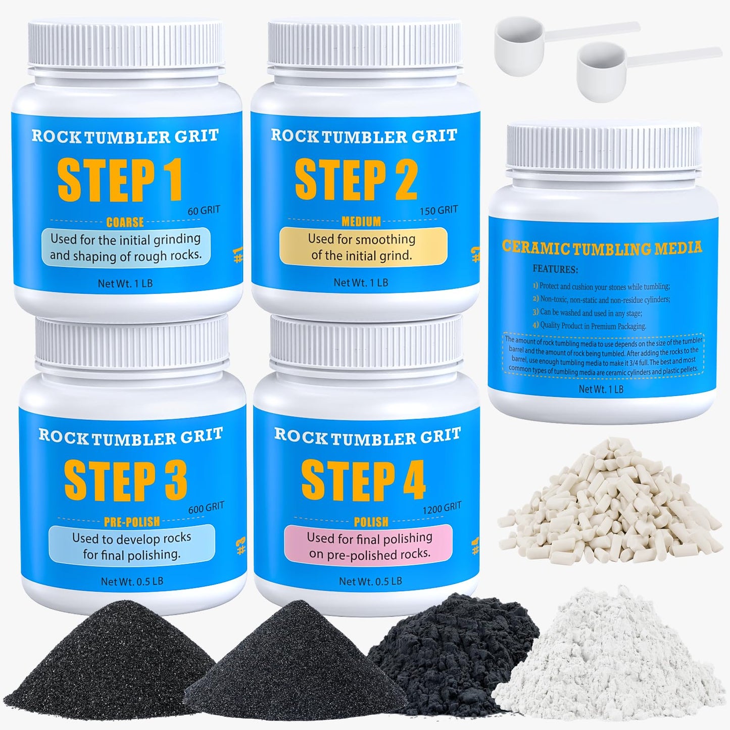 Rock Tumbler Grit Kit, 4LBS Polish Refill with Ceramic Tumbling Media - Polish up to 25 lbs of Rocks, Professional 4-Steps Polishing Grit Set for All Rock Tumblers