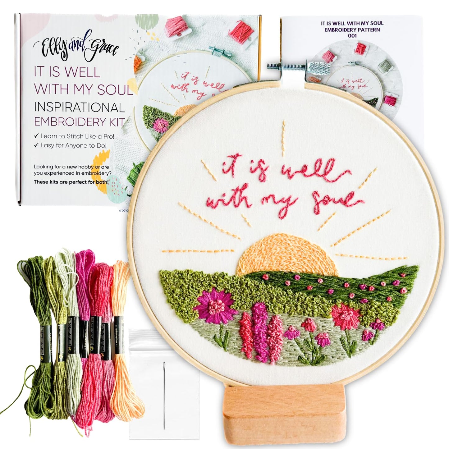 Elly & Grace Christian Embroidery Kit with Embroidery Hoop, Easy Embroidery Kit for Beginners and Adults, Full Embroidery Hoop Kit with Needles and Thread Included (It is Well)