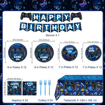 Video Game Birthday Decorations, Level Up Party Supplies Includes Plates, Napkins, Forks, Banner, Tablecloth for Boys Gamer Birthday Party Decorations, Serves 24