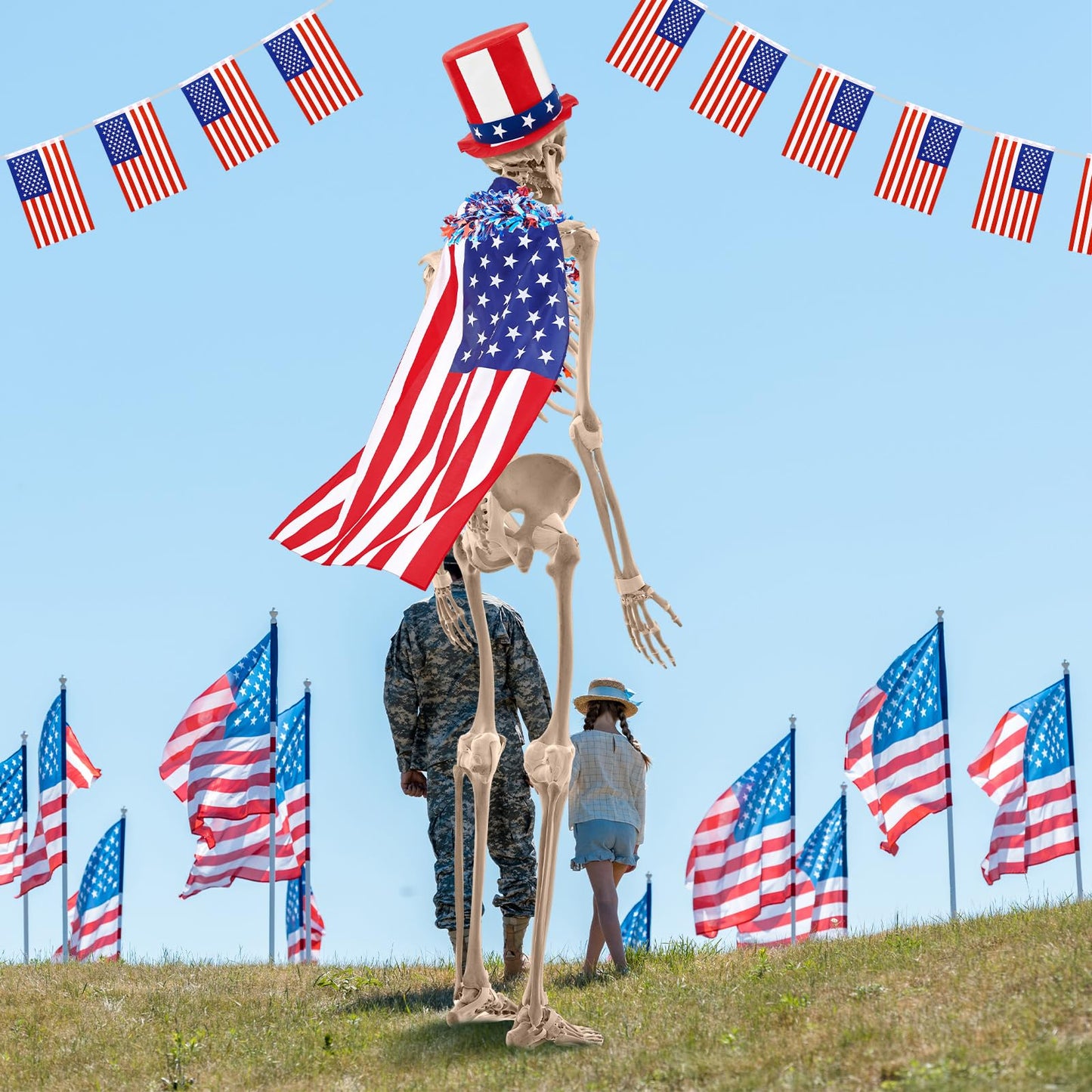 Bunnycool 4 Pcs 4th of July 12 ft Skeleton Patriotic Outfit Accessories Hat, Cape, Flag Banner, Tinsel Garland Giant Skeleton Costume Clothing for Parade Garden Lawn Outdoor Decor