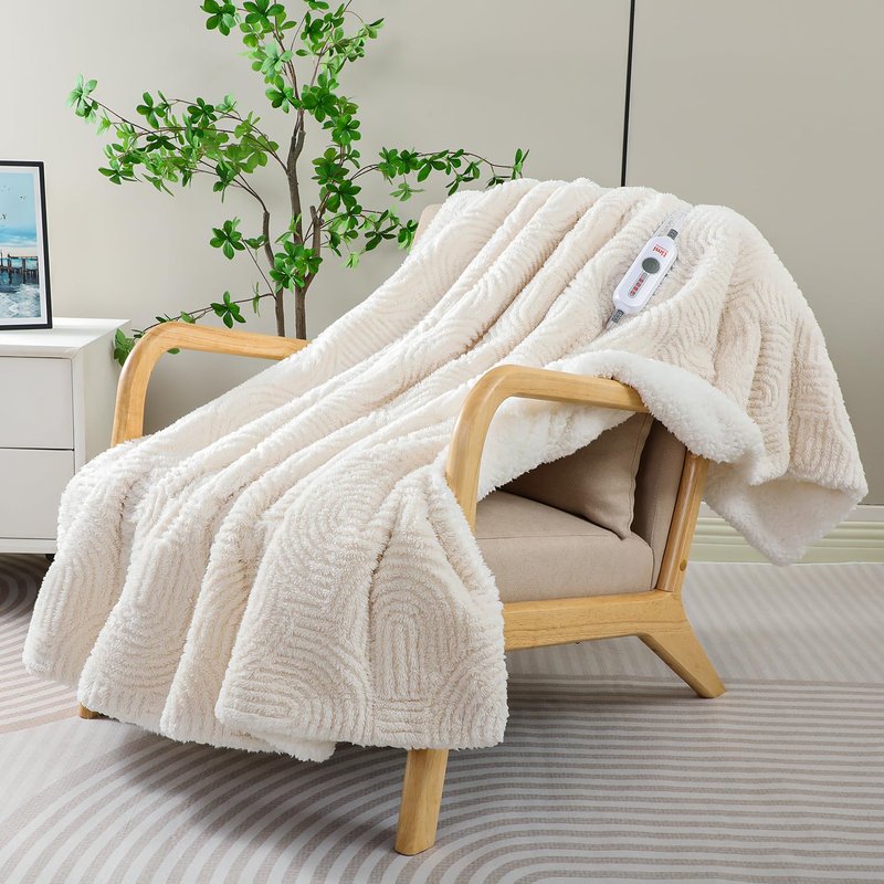 TiMiCalda Heated Throw Blanket Electric - 50"x60" Cozy Soft Jacquard Heating Blanket with 4 Heat Levels & 4 Hours Auto-Off, Electric Throw with Overheating Protection, Warm Gifts, Cream