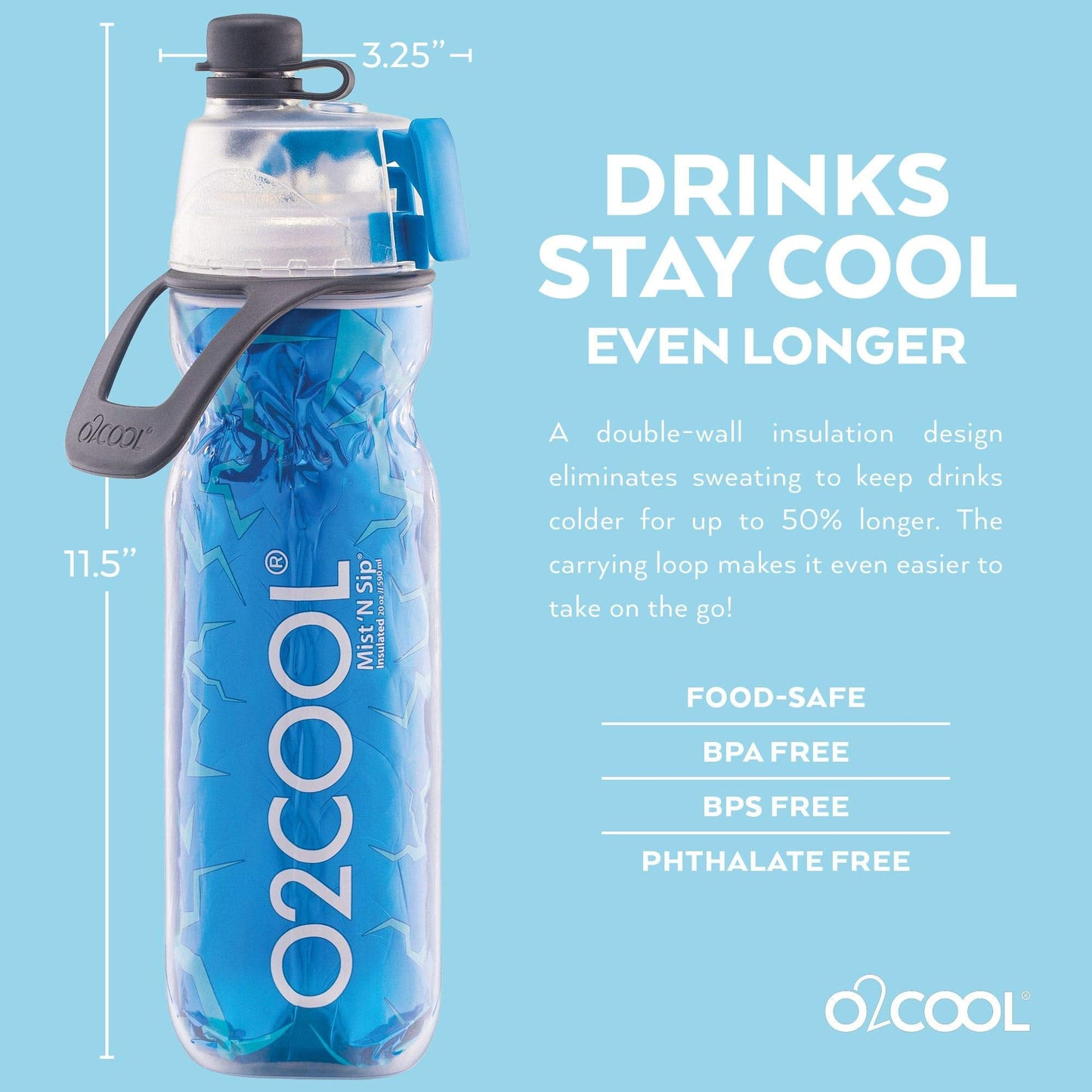 O2COOL Arctic Squeeze Mist 'N Sip Insulated Bottle w/Silicone Spout Cover And Locking Misting Function - 20 oz, Crackle Blue