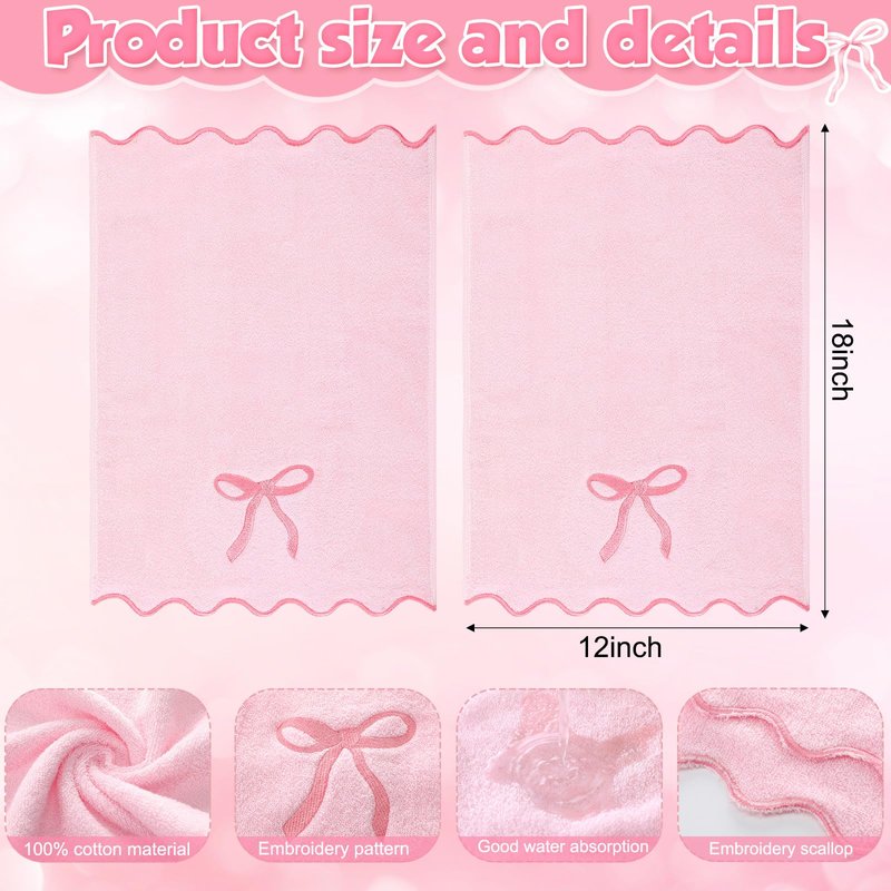 SmoothNovelty 2 Pcs Fingertip Towels for Bathroom 12 x 18 Inch Small Fingertip Towels with Scalloped Pink Bow Design Embroidery Coquette Bow 100% Cotton Soft Absorbent Guest and Housewarming Gift