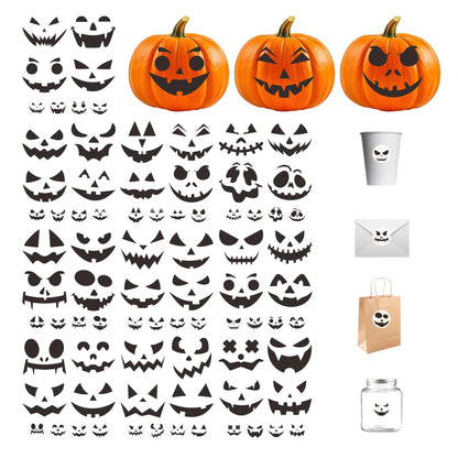 Gustum 80 Designs Pumpkin Stickers for Decorating, Jack-O'-Lantern Face Craft Decals, Pumpkin Carving Stickers Kit, Halloween Decorations Supplies Trick or Treat Party Favors for Kids