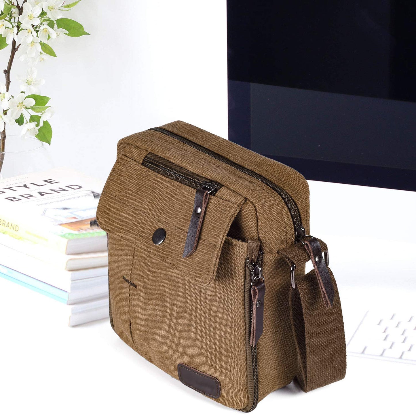 dealcase Canvas Small Messenger Bag for Men Women, Casual Shoulder Bag Chest Bag Travel Carry Bag Multi-pocket Purse