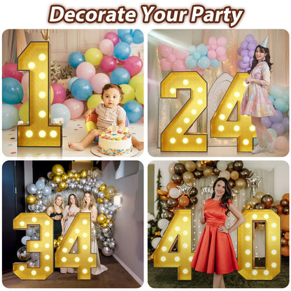 4FT Marquee 2 Numbers, Light Up Numbers 2 Mosaic Numbers Glitter Gold Black Light Up Letter Pre-cut Foam Board Sign Marquee for Birthday Party Decorations, Wedding, DIY Anniversaries