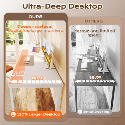 Huuger 63 x 24 inch Desk with Power Outlets & USB-C, Deeper & Thicker Desktop, Robust Metal Tubes, Computer Desk, Heavy Duty Office Desk, Work Gaming Desk, for Home Office, White