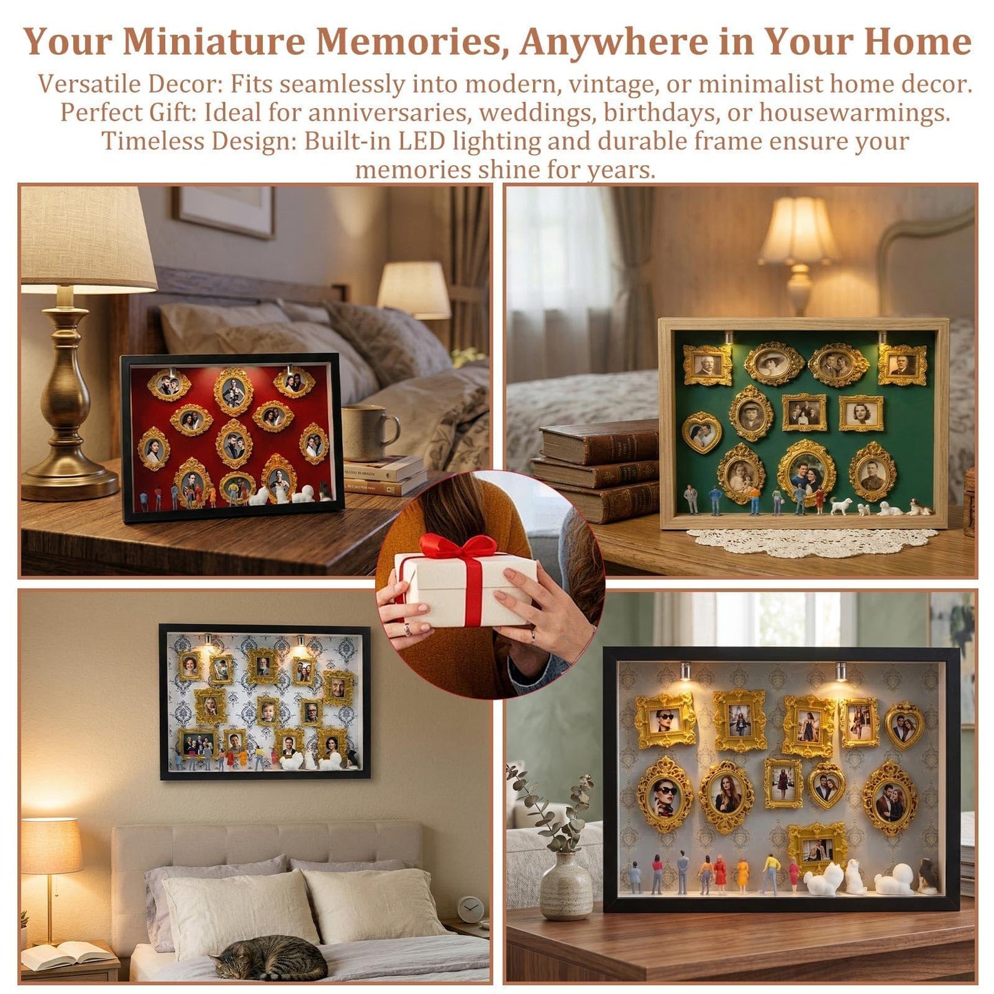 All-in-One DIY Shadow Box Kit,Mini Gold Frames with Museum of Figurines | LED-Illuminated Silhouette Box Memory Collage | Anniversary/Wedding Eco-Friendly Decor Gift (F Style)