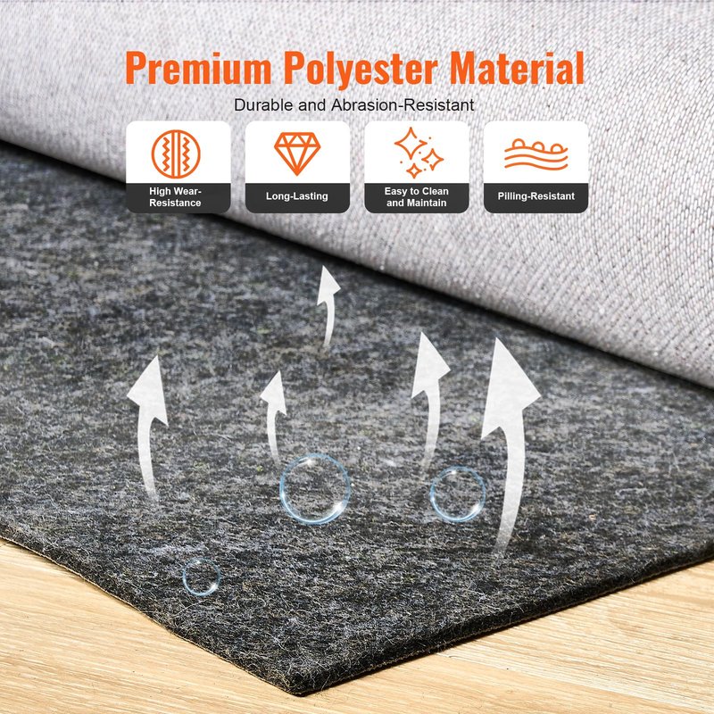 VEVOR 8' x 10' Rug Pad Gripper Without Slip-Resistance - 1/4" Thick Polyester Felt Padding Cushion for Area Carpet Runner Hardwood Floors Living Room - Grey