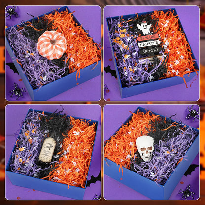 FOIMAS Halloween Crinkle Cut Paper,9.87oz Black Orange Purple Shred Raffia Paper with Pumpkin Ghost Confetti for Trick or Treat Halloween Bakset Gift Packaging Supply