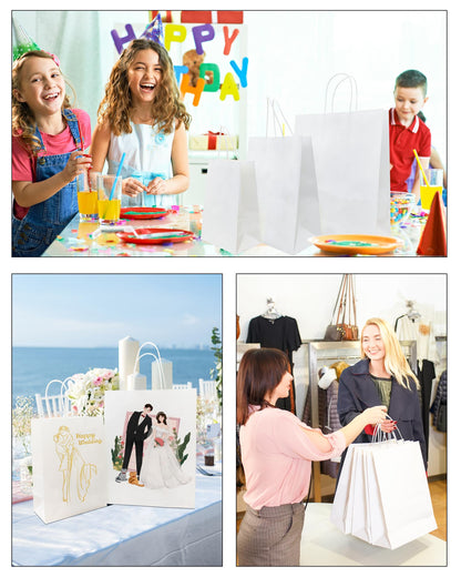 BAG BOX 100 Pack 8.25x4.3x10.6 Inch White Gift Bags with Handles,Bulk Kraft Paper Bags for Shopping, Retail, Merchandise, Wedding, Party Favors, Paper Grocery Sacks