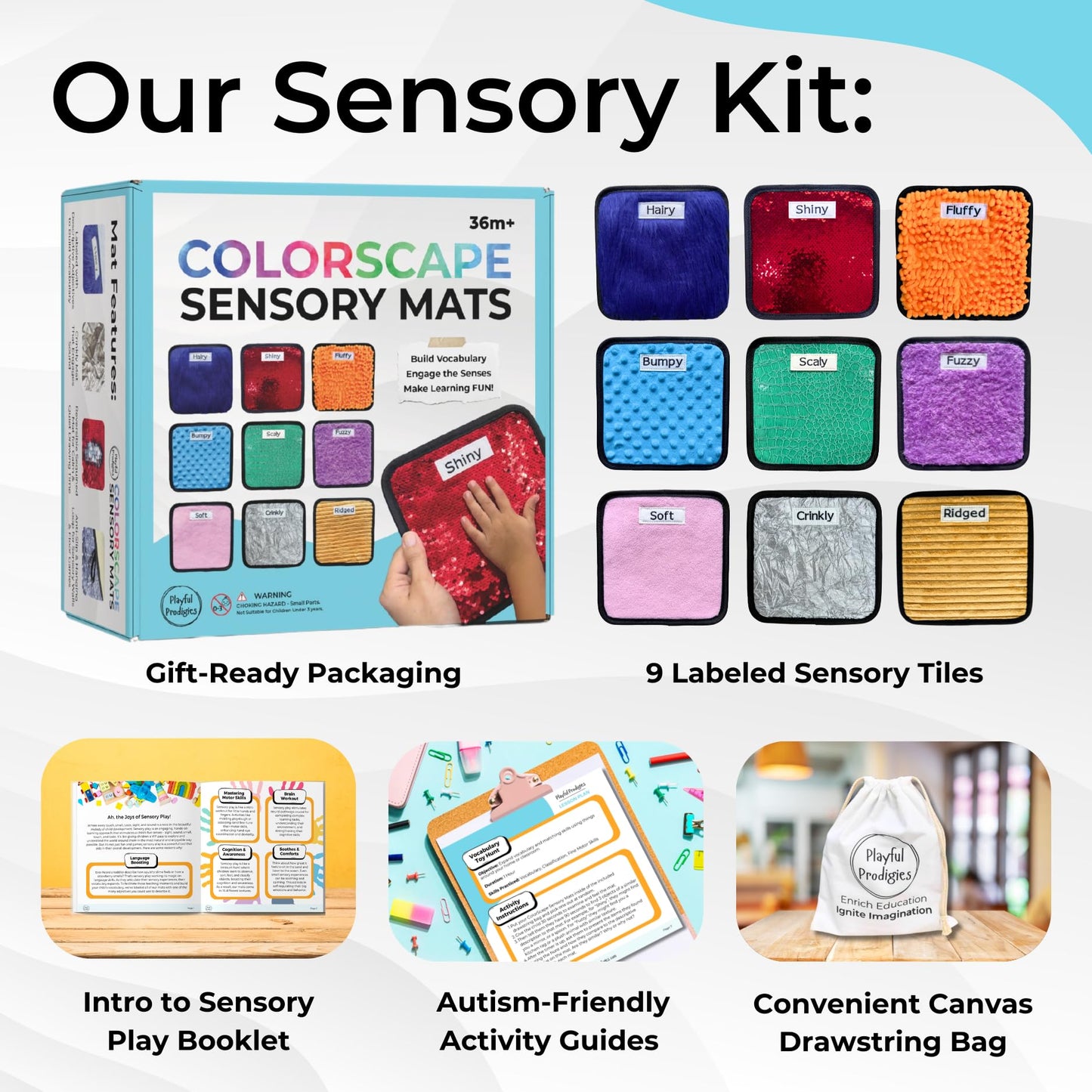 9 Labeled Sensory Mats w/Lesson Plans | Autism Sensory Products | Preschool Classroom Must Haves | Montessori Toys | Sensory Tiles for Sensory Wall Toys
