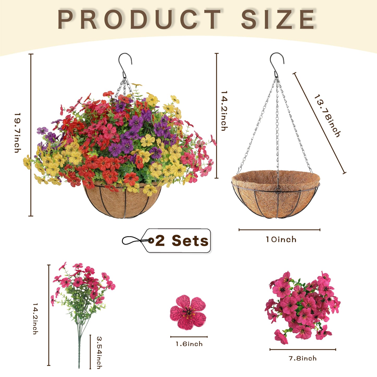 Senjie 2 Set Artificial Hanging Flowers with Basket for Outdoor Decor, UV Resistant 24 Bundles Faux Flowers Fake Hanging Planter for Porch Patio Balcony
