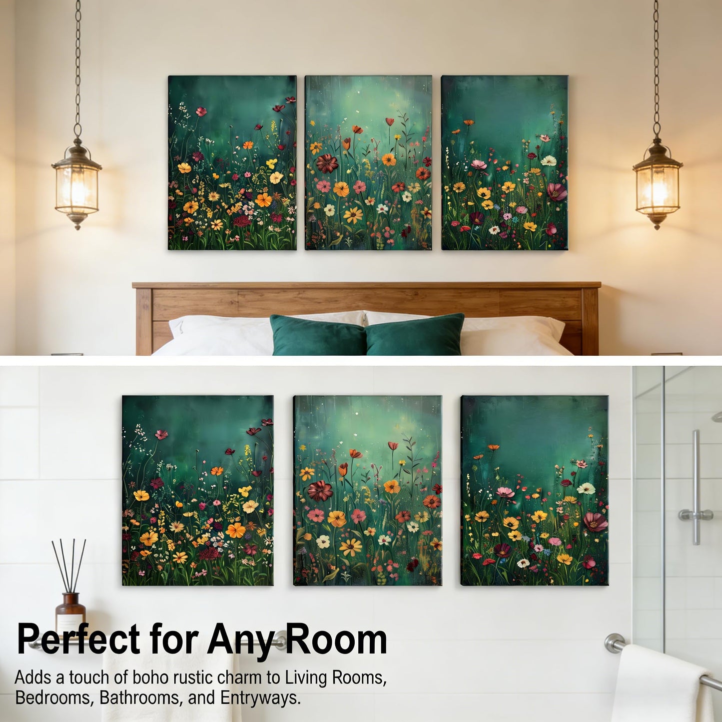 GEFQBBLD 3 Piece Canvas Wall Art Set, Emerald Green Wildflower Meadow Prints, Textured Impasto Boho Floral Decor for Living Room Bedroom 12x16 unframed