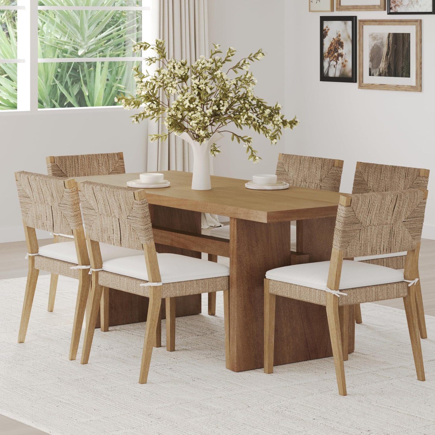 Beacon Boho Dining Chair Set of 6, Boucle Dining Chair with Seagrass Accent and Solid Wood Legs, Cream Boucle/Light Brown
