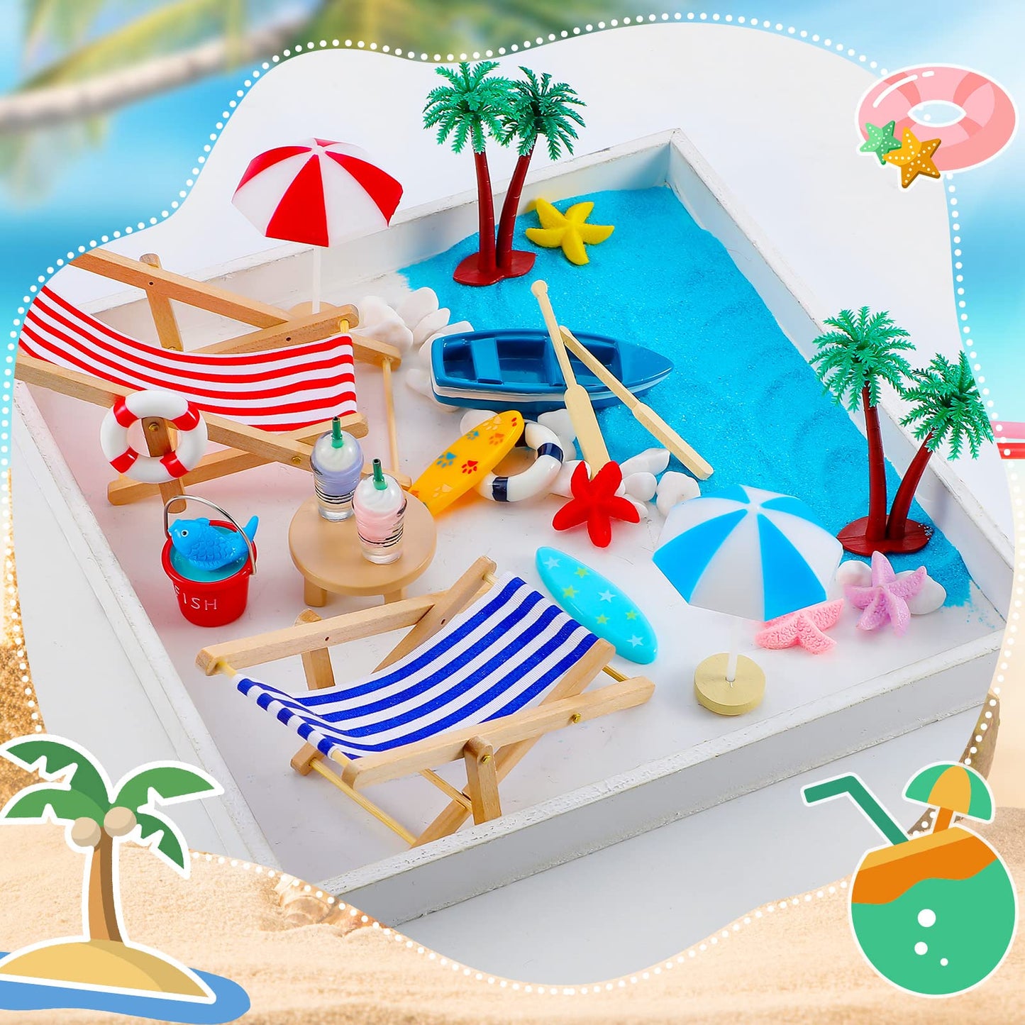 Minatee 25 Pcs Beach Miniature Dollhouse Decoration, Umbrella Palm Chair Miniature Toys Garden Dollhouse Outdoor Accessories Beach Decorations for DIY Garden Plant Pool(Red, Blue)
