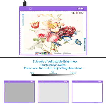 Mlife Diamond Painting Storage Boxes,1 Diamond Painting A4 Light Box Tracing Light Board with 3 Brightness, 80 Slots Bead Storage with 5D Diamond Art Accessories and Tools Kit（Purple）