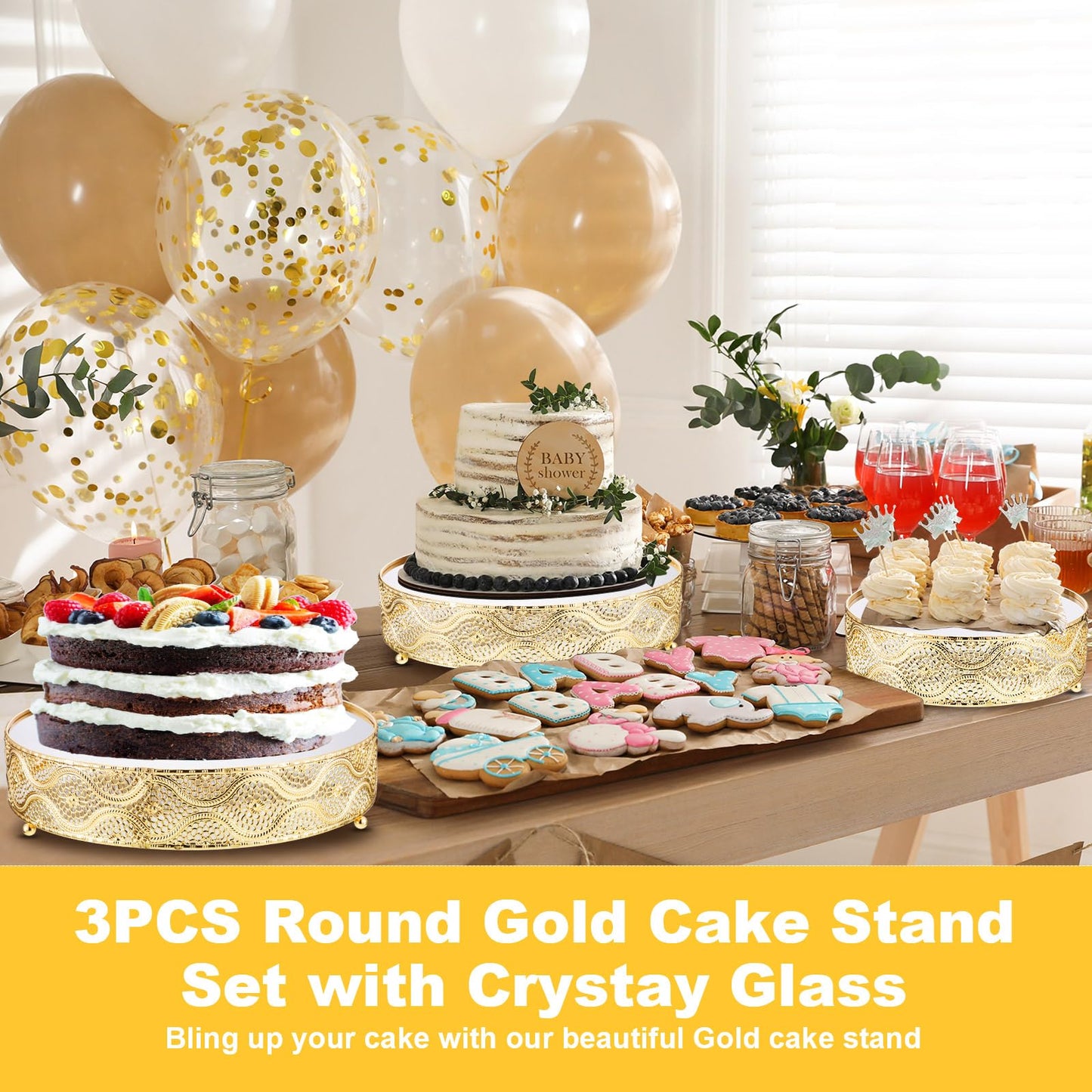 Skylety Set of 3 Round Wedding Cake Stand 10'' 12'' 14'' Metal Dessert Display Stand with Glossy Mirror Dessert Cupcake Cookies Holder for Wedding, Event, Birthday Party(Gold)