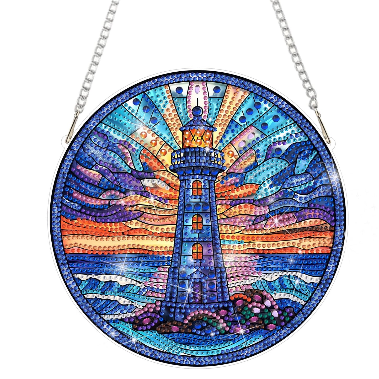 DOMROM Lighthouse Diamond Art Hanging Kit, 5D Special Shaped Rhinestone Painting Suncatcher, DIY Scenic Lighthouse Sunrise Gem Ornament for Window Wall Home Decor