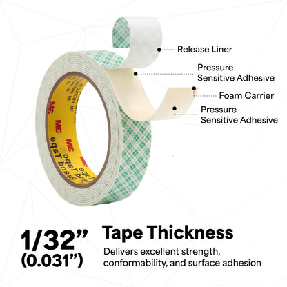 3M 4032 Double Coated Urethane Foam Tape, Bonding, Attaching, Mounting, White, 1 in x 5 yd, 1 Roll