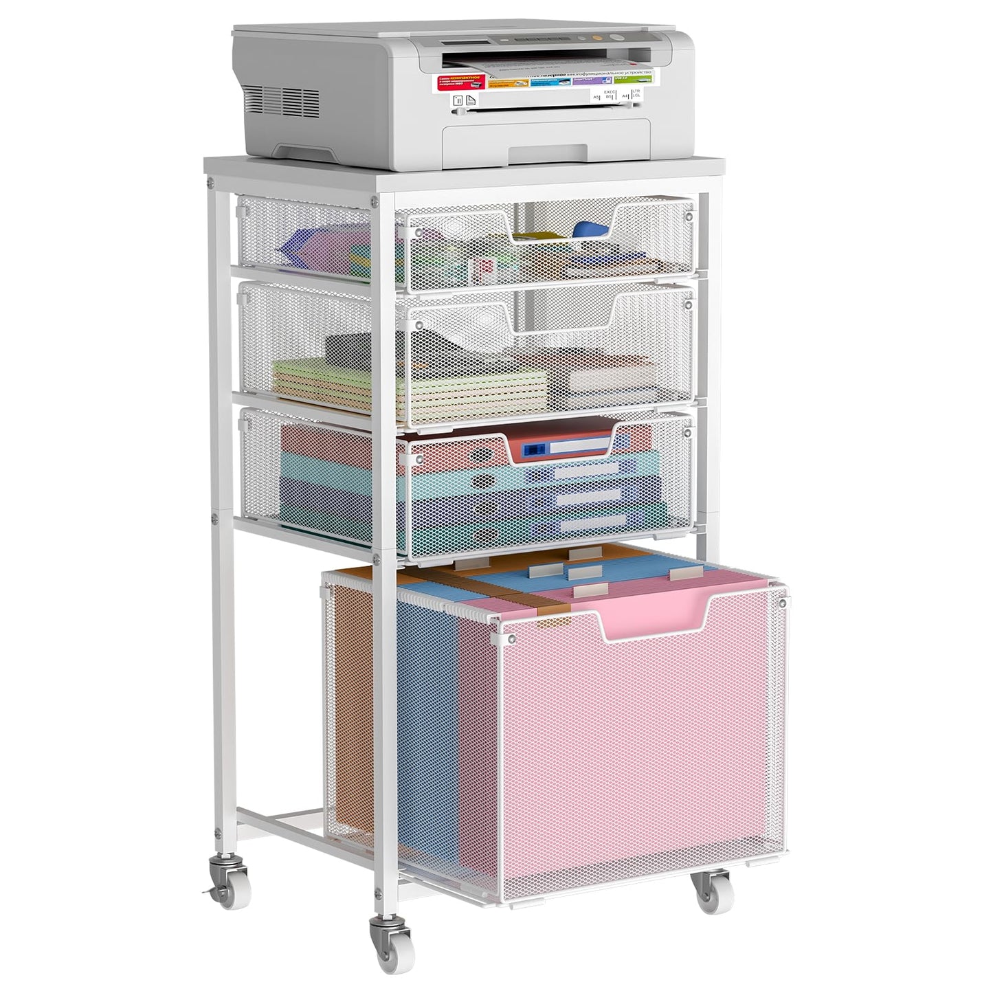 Sbanmao 4 Drawer Rolling File Cart with Wheels, Mobile Filing Cabinet for Home Office, Hanging File Organizer, Under Desk Storage, Multifunctional Utility Cart Printer Stand, White